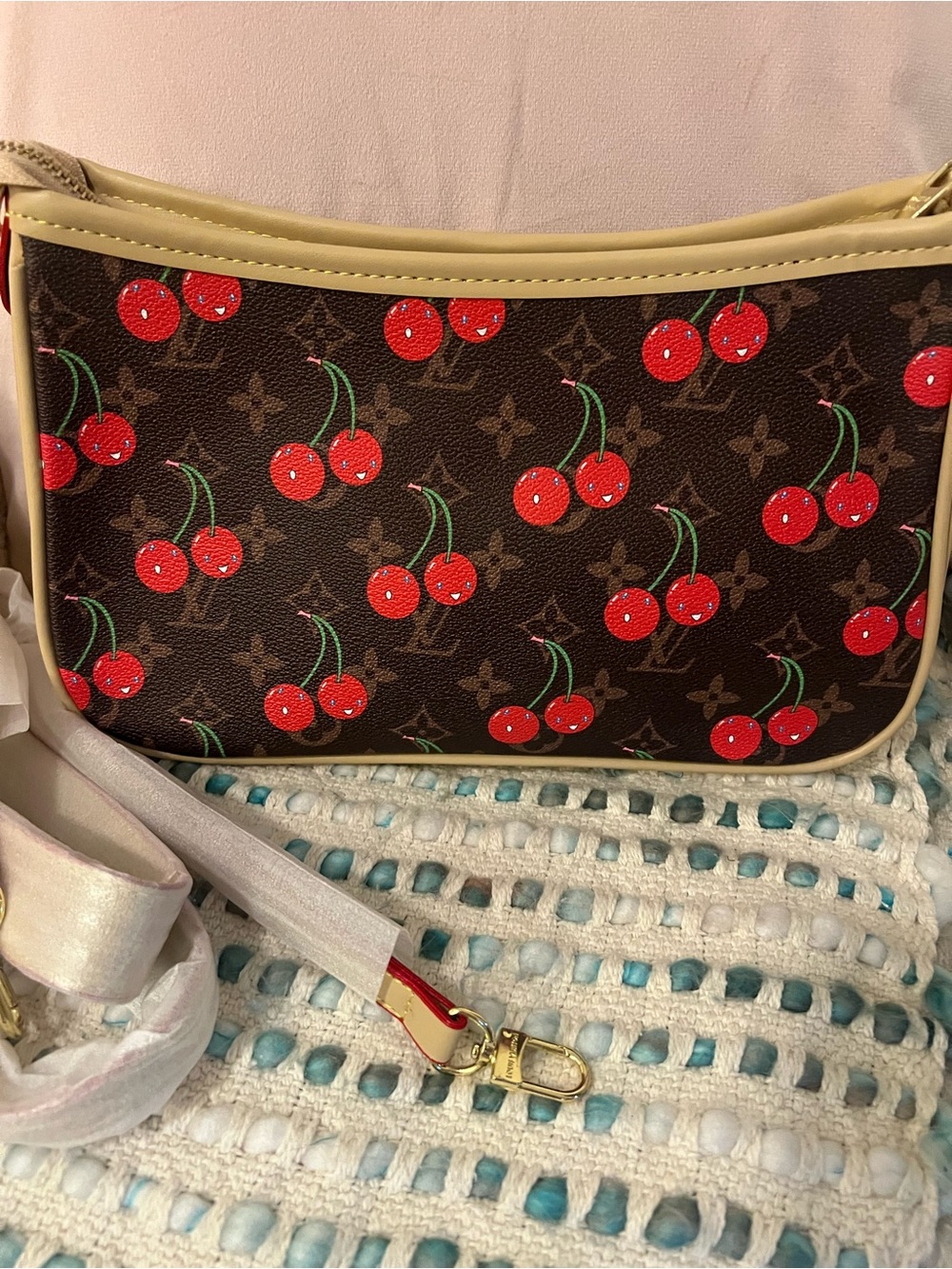 Brown Cherry-Print Crossbody Bag with Cream Trim - Picture 3 of 10